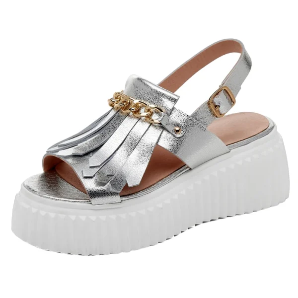 2024 Summer Gladiator Sandals Open Toe Silver Tassel Wedges Sandals Women Metal Decoration  Flat Platform Sandalias De Mujer - Image 5