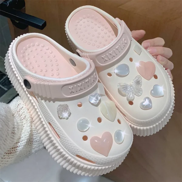 2023 Summer New EVA Thick Sole Perforated Shoes for Women Wearing Elevated Soft Sole DIY Love Solid Color Two Wear Home Slippers - Image 9