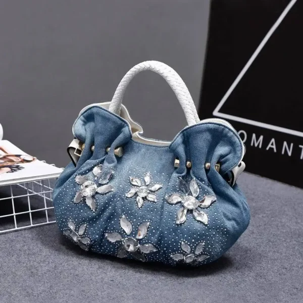 2024 fashion denim bag canvas multi-function bag Bags handbags new  woven belt diamond bag single shoulder tassel bag - Image 3