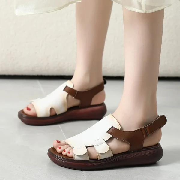 ZXRYXGS 2023 Top Cowhide Color Matching Flat Wedges Sandals Roman Shoes Women's Sandals Large Size Fish Mouth Leather Sandals - Image 3