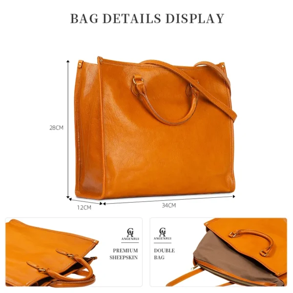 ANGENGRUI New Genuine Leather One Shoulder Handbag Commuter Large Bag Vegetable tanning Cowhide Large Capacity Handheld Tote Bag - Image 5