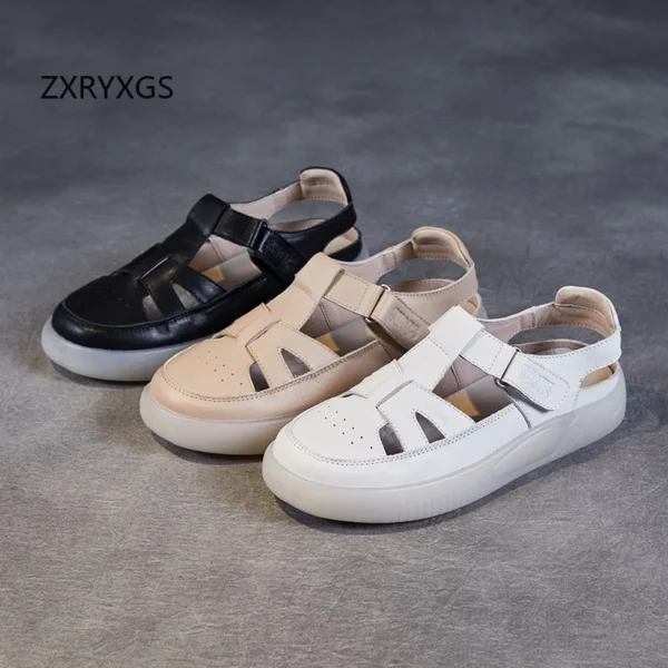 ZXRYXGS Summer Women Sandals Fashion Versatile Flat Sandals 2024 Summer New Cowhide Casual Sandals Soft Sole Comfortable Shoes - Image 2