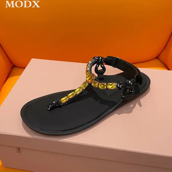 2024 Fashion Flat Sandals Clip-on Design Hemp Braided Holiday Casual Beach Shoes Genuine Leather Rhinestone Embellished Sandals - Image 3