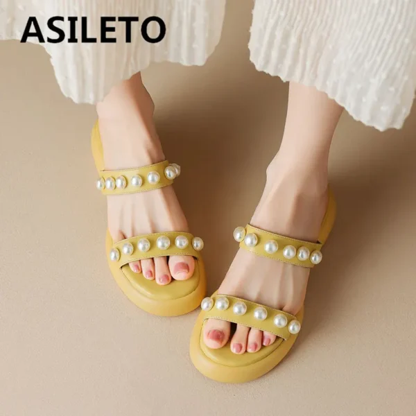 ASILETO Brand Women Sandals Round Toe Flats String Beads Slip On Mules Casual Sweet Daily Female Shoes Plus Size 40 41 42 43