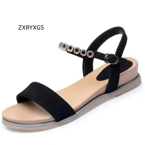 ZXRYXGS Summer Flat Wedges Sandals Women Genuine Leather Rhinestone Sandals 2023 New Open Toe Soft Sole Women's Outwear Sandals