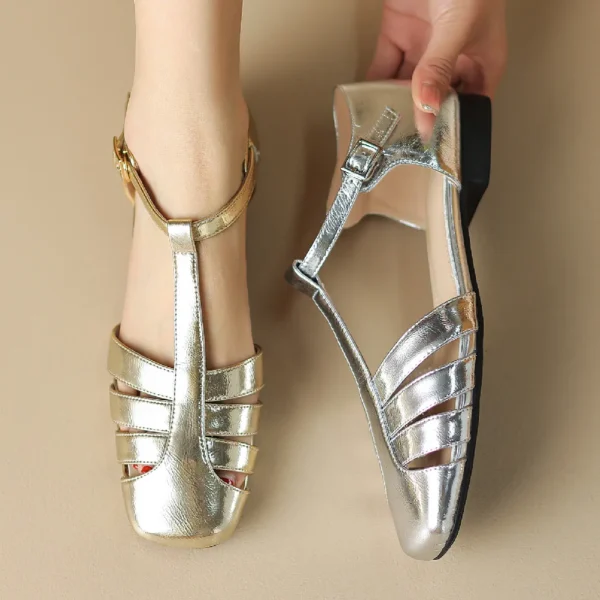 Women's summer sandals genuine leather narrow band hollow-out summer t-strap sandals square toe casual female silver gold shoes