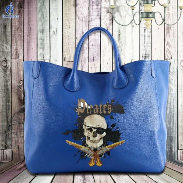 Art Print Gun Skull Head Customize Totes 100% Real Cowhide Leather Women Clutch purses and handbags Designer Ladies purses New