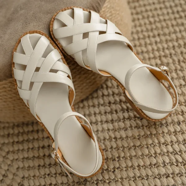 Women's cow leather narrow band braided round toe flats sandals round toe soft comfortable high quality casual summer shoes sale - Image 4