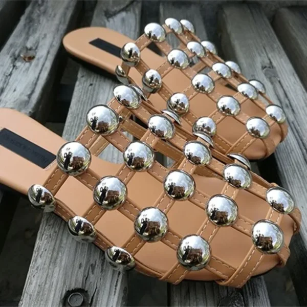 2022 Women Flats Silver Big Rivets and Pearls Decoration Rounded Toe Grid Hollow Summer Leisure Beach Sandals Shoes Size 34-41 - Image 3