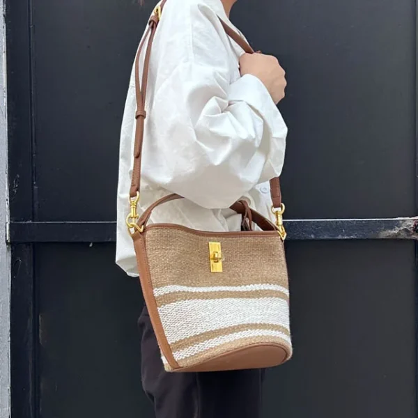 2024 new lazy pastoral mood crossbody shoulder hand-held contrasting leather woven vegetable basket bucket bag - Image 4