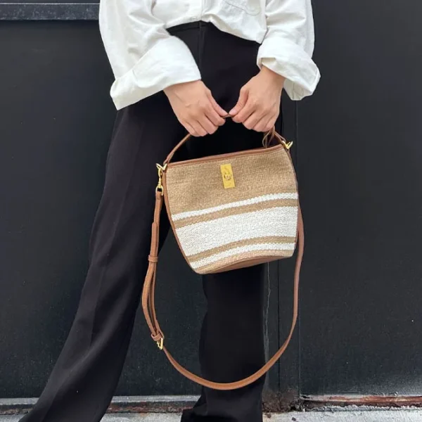 2024 new lazy pastoral mood crossbody shoulder hand-held contrasting leather woven vegetable basket bucket bag - Image 2