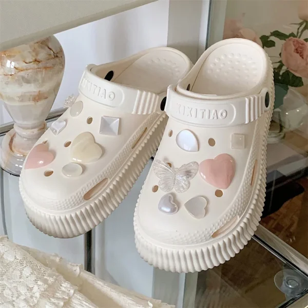 2023 Summer New EVA Thick Sole Perforated Shoes for Women Wearing Elevated Soft Sole DIY Love Solid Color Two Wear Home Slippers - Image 3