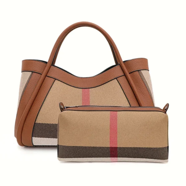 2024 New Retro Checkered Women's Handbag Fashionable and Advanced Large Capacity Canvas with Cowhide Mother and Child Bag - Image 3