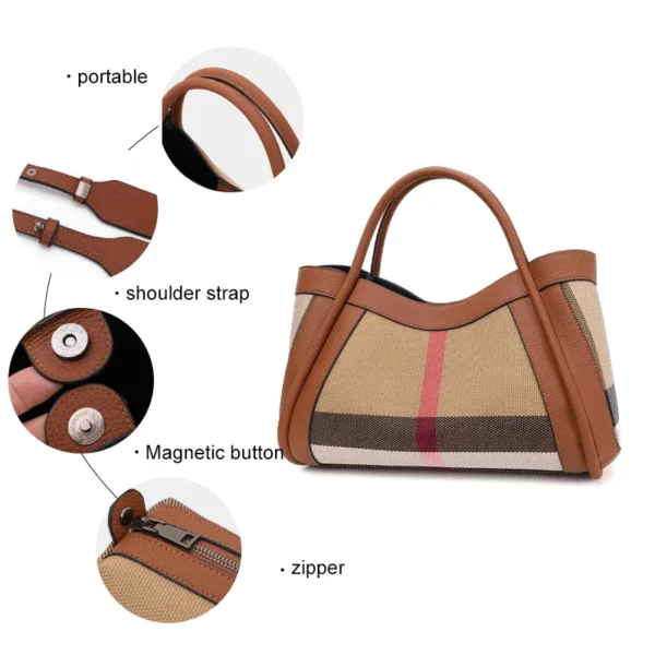 2024 New Retro Checkered Women's Handbag Fashionable and Advanced Large Capacity Canvas with Cowhide Mother and Child Bag - Image 6