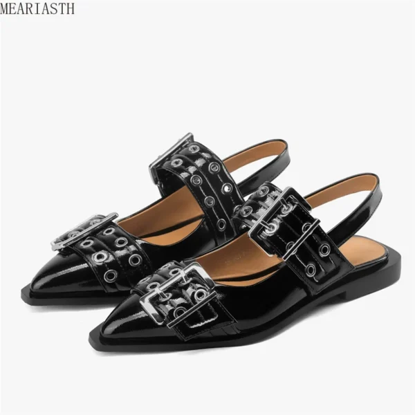 2024 New Summer Women's Flat Shoes Punk Metal Buckle Strap Casual Pointed Toe Shoes Back Strap Mules Design Sandals Ladies Shoes - Image 3