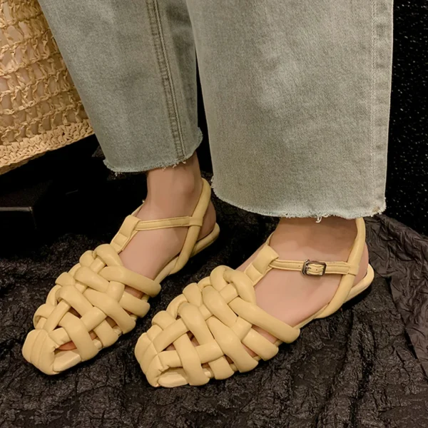 【ENMAYER】2023 New Baotou Sheepskin T-Strap Leather Slingbacks Women's Sandals Classics Ladies Summer Buckle Shoes Flats Sandals