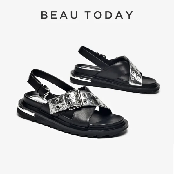 BEAUTODAY Sandals Women Genuine Cow Leather Mirror Decoration Metal Buckle Cross-tied Solid Summer Ladies Shoes Handmade 34558