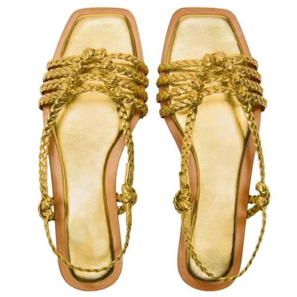 2024 Summer Flats Sandals Women French Style Handmade Knitted Golden Roman Sandal Women's Bohemian Flat Shoes Sandalias Mujer - Image 5