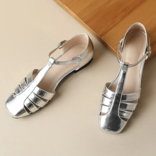 Women's summer sandals genuine leather narrow band hollow-out summer t-strap sandals square toe casual female silver gold shoes - Image 3