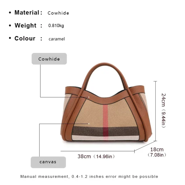 2024 New Retro Checkered Women's Handbag Fashionable and Advanced Large Capacity Canvas with Cowhide Mother and Child Bag - Image 4