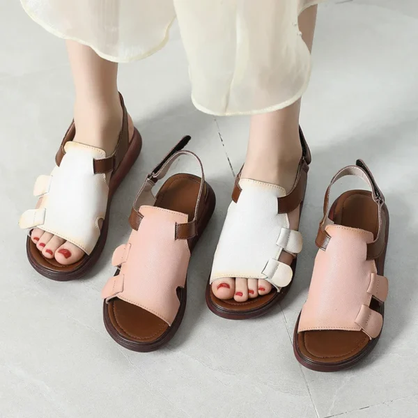 ZXRYXGS 2023 Top Cowhide Color Matching Flat Wedges Sandals Roman Shoes Women's Sandals Large Size Fish Mouth Leather Sandals - Image 4