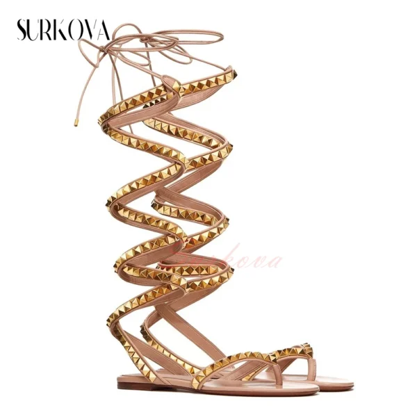 Cross Stud Ankle Strap Roman Sandals Flat Open Toe Sandals Lady Summer Holiday Casual Shoes Knee High Sandals Boots New Arrivals - Image 2