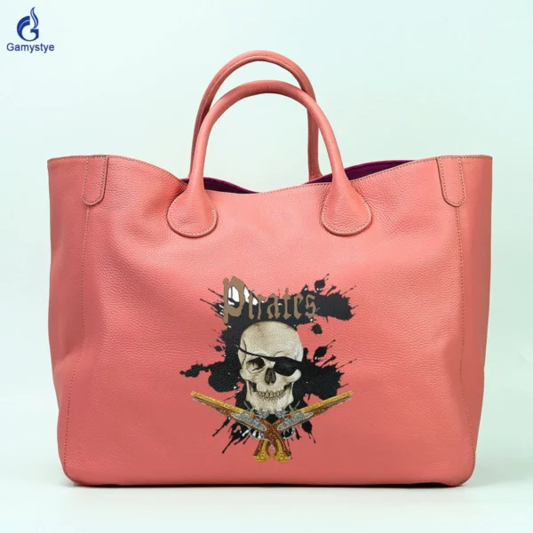 Art Print Gun Skull Head Customize Totes 100% Real Cowhide Leather Women Clutch purses and handbags Designer Ladies purses New - Image 2