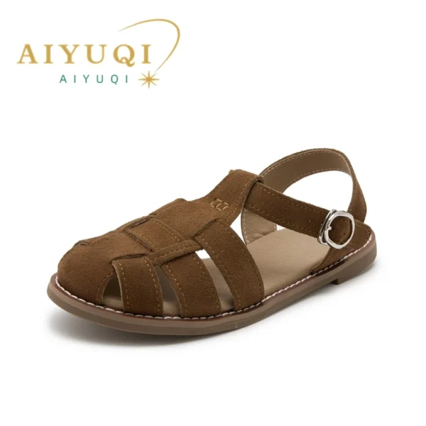 AIYUQI Flat-soled Retro Genuine Leather Hollow Baotou Sandals Women's 2024 New Hollow Pig Cage Women's Sandals - Image 2