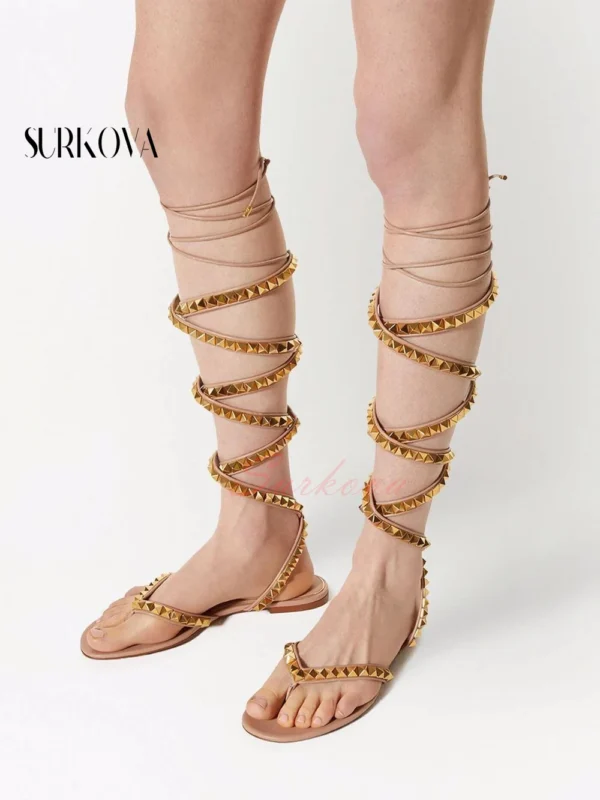 Cross Stud Ankle Strap Roman Sandals Flat Open Toe Sandals Lady Summer Holiday Casual Shoes Knee High Sandals Boots New Arrivals - Image 6