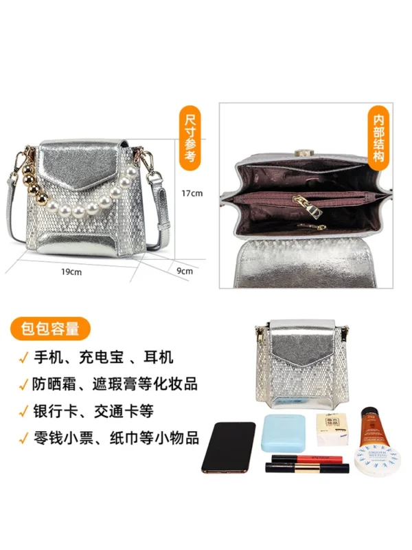 Women's Handbag Silver Sequin Pearl Chain New Luxury Brand Design Leather Texture Mesh Personalized Fashion Banquet Shoulder Bag - Image 3