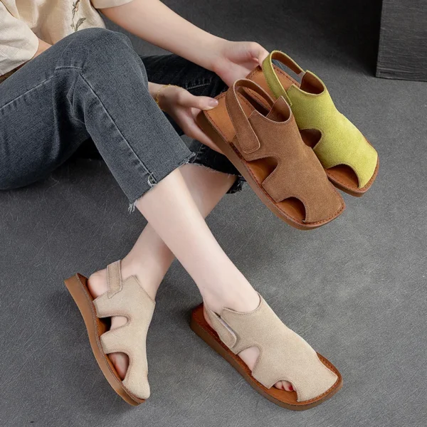 Women Sandals Suede First Layer Cowhide  High-quality Designer Summer Ladies Retro Flats Rome Sandal Handmade Shoes - Image 4