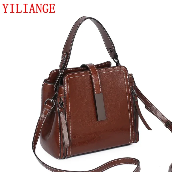 Women's shoulder bag leather zipper buckle  Vertical Square first layer cowhide bucket Handbag  Square street trend Women's bag - Image 3