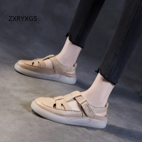 ZXRYXGS Summer Women Sandals Fashion Versatile Flat Sandals 2024 Summer New Cowhide Casual Sandals Soft Sole Comfortable Shoes - Image 4