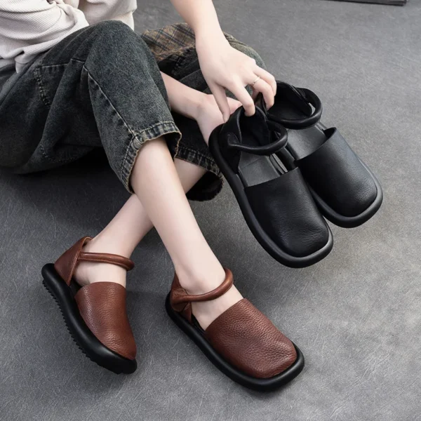 Cow Genuine Leather  Wedges Summer Women Thick Soled Flats Moccasins Hook Platform Sandals Round Toe Ladies Shoes - Image 4