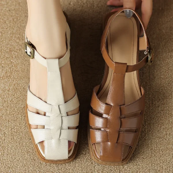 Women's genuine leather narrow band braided t-strap cage roman style summer sandals 2023 new female casual comfortable shoes hot