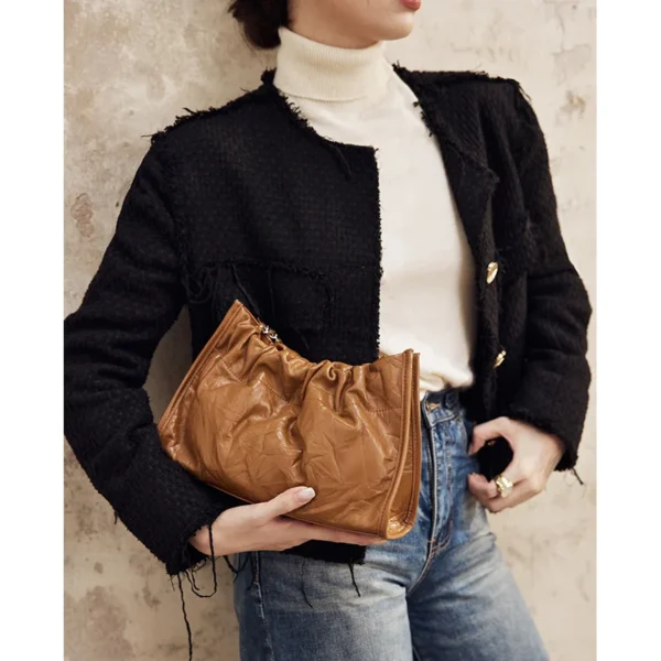 ZR DIARY Metal Chain Underarm Bag Women Split Leather Pleated Handbag Female Trendy Shoulder Crossbody bag  9178 - Image 6