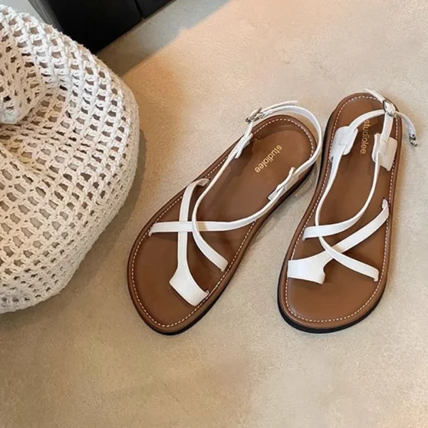 Cross Buckle Strap Real Leather Sandals Set Toe Soft Sole Roman Style Beach Thick Soled Flat Sandals Women - Image 4