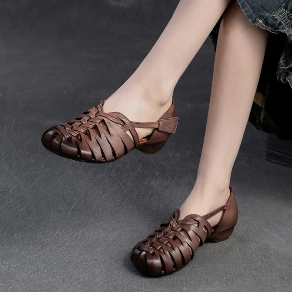 2cm Sandas Weave Genuine Leather Rubber Women Boots Retro Hollow Ankle Hook Flats Breathable Chunky Heels Summer Shoes - Image 4