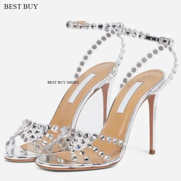 Women's green Silver peep toe Thin High Heel Rhinestone Sandals Embellished Ankle Strap Strappy Party Dress designer sandals - Image 11