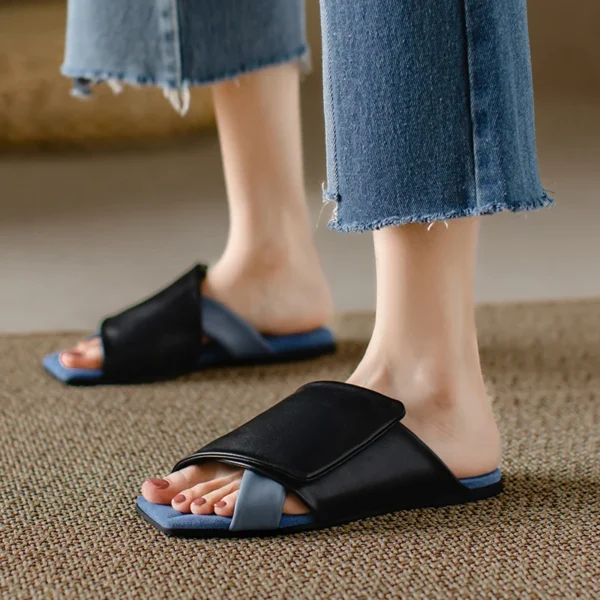 2023 New Genuine Leather Mules Women Slippers Square Low Heels Slippers Ladies Knot Summer Dress Shoes Women - Image 8