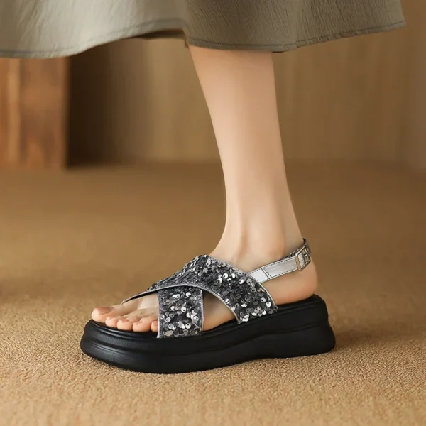 2024 Summer Sandals plus size 22-26.5cm  Sequin cloth+ microfiber back buckle cross-strap platform Women's Shoes Chinese style - Image 5