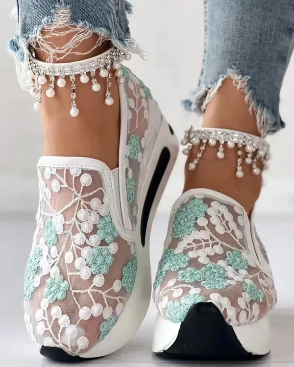 Women's Sneakers Floral Embroidery Mesh Sneakers for Women Slip on Casual Comfy Heeled Shoes Woman - Image 2