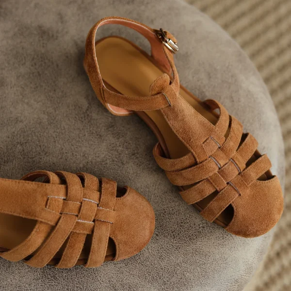 Women's natural suede leather narrow band braided t-strap flats sandals round toe casual female rome style summer shoes women - Image 3