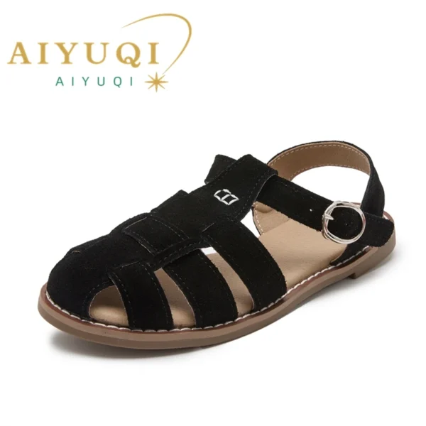 AIYUQI Flat-soled Retro Genuine Leather Hollow Baotou Sandals Women's 2024 New Hollow Pig Cage Women's Sandals - Image 4