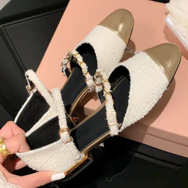 Women's sandals summer 2023 cow leather fabric patchwork chain mary jane sandalias casual female soft comfortable ballet flats