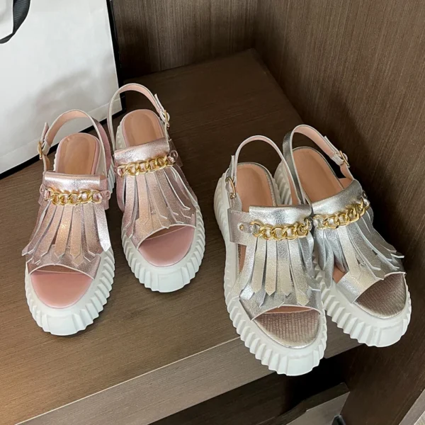 2024 Summer Gladiator Sandals Open Toe Silver Tassel Wedges Sandals Women Metal Decoration  Flat Platform Sandalias De Mujer - Image 4