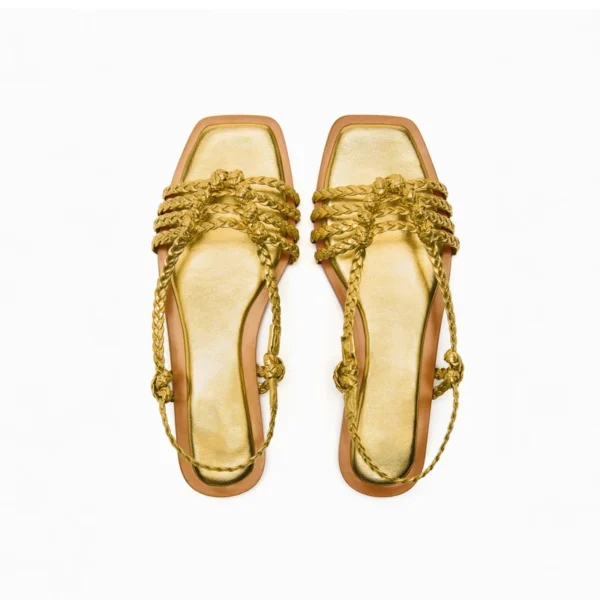 2024 Summer Flats Sandals Women French Style Handmade Knitted Golden Roman Sandal Women's Bohemian Flat Shoes Sandalias Mujer