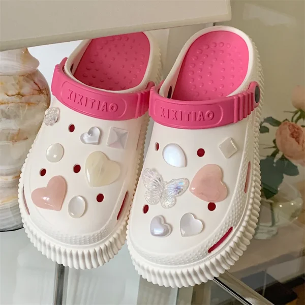 2023 Summer New EVA Thick Sole Perforated Shoes for Women Wearing Elevated Soft Sole DIY Love Solid Color Two Wear Home Slippers - Image 6