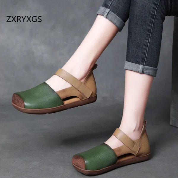 ZXRYXGS 2024 Superior Genuine Leather Splicing Spell Color Square Toe Sandals Roman Shoes Flat Comfortable Women Fashion Sandals - Image 2