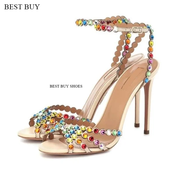 Women's green Silver peep toe Thin High Heel Rhinestone Sandals Embellished Ankle Strap Strappy Party Dress designer sandals - Image 10